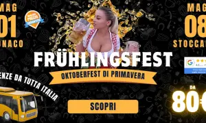 Festa della primavera a Monaco, con una donna che tiene una birra. Offerta per l'Oktoberfest di primavera da 80€.