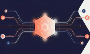 Schéma abstrait de flux de données, évoquant la rapidité et l'efficacité d'un serveur javascript express.