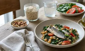 Piatto salutare con pesce, verdure e cereali: un'ottima idea su cosa mangiare con il colesterolo alto. Noci e fiocchi d'avena completano il pasto.