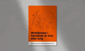 En illustration av en kvinna med mobiltelefon, omgiven av symboler för kommunikation och teknik. Texten "Mobilprepp i händelse av kris eller krig" antyder en beredskapsplan mall.