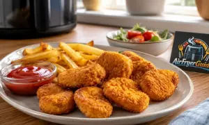 Knusprige Chicken Nuggets und Pommes aus der Fritteuse, serviert mit Ketchup und Salat.