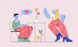Mężczyzna myśli o sercu, symbolizującym jego niezależność emocjonalną. Kobieta gestykuluje, wyrażając swoje uczucia.