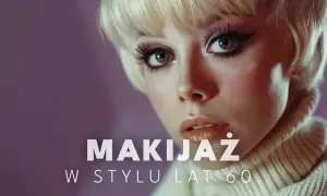 Kobieta z blond fryzurą i wyrazistym makijażem oczu, w tym kreskówkowymi kreskami i sztucznymi rzęsami. Makijaż lata 60. podkreśla jej urodę.