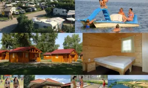Urlaub im kemp merkur: Wohnwagen, Holzhütten, Wasserrutsche, Minigolf und ein See.