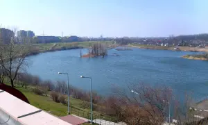 Spokojne jezioro Zatorze otoczone zielenią i zabudowaniami miejskimi. Na wodzie mała wyspa z drzewami.