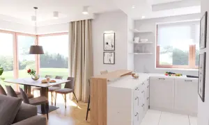 Jasne, przestronne wnętrze w stylu skandynawskim z jadalnią i aneksem kuchennym. Drewniane akcenty i jasne kolory tworzą przytulną atmosferę.