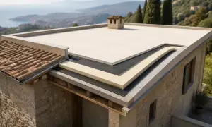 Strati di un tetto con cappotto termico sottile, che mostra isolamento e impermeabilizzazione su una casa con vista mare.