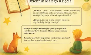 Ilustracja z Małym Księciem, lisem, otwartą książką i cytatami z dziennika.
