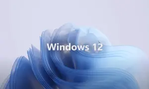 Abstrakcyjny, niebieski kształt z napisem "Windows 12". Sprawdź, jakie są Windows 12 wymagania, by cieszyć się nowym systemem.