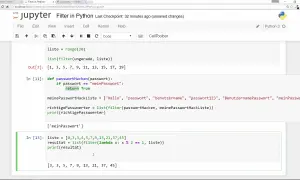 Exemple de code Python utilisant la fonction `filter` pour extraire des éléments d'une liste, comme des mots de passe.