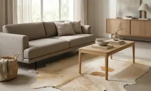 Gemütliches Wohnzimmer mit Sofa, Couchtisch und Teppich. Die moderne Einrichtung strahlt Ruhe und Gemütlichkeit aus.
