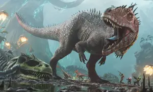 Potężny ark carcharodontosaurus z otwartą paszczą, obok szkieletu dinozaura i walczących ludzi.