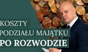 Mężczyzna w garniturze na tle monet. Tekst: "Koszty podziału majątku po rozwodzie".