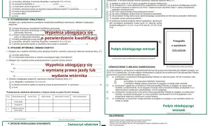 Formularz wniosku o wydanie prawa jazdy, z miejscem na zdjęcie 3,5x4,5 cm i podpis. Kategoria e prawo jazdy.