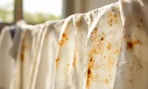 Tessuti bianchi appesi, macchiati di ruggine. Una sfida per chi vuole eliminare macchie di ruggine e farli tornare come nuovi.