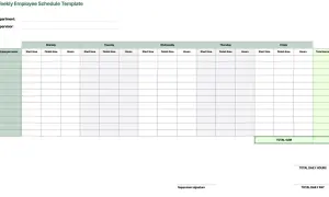 Modello di pianificazione settimanale per dipendenti, con colonne per nome, orari di inizio/fine e ore lavorate per ogni giorno della settimana.