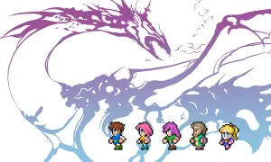 Pięcioro bohaterów w stylu pixel art z Final Fantasy 5 staje przed potężnym, fioletowym smokiem.