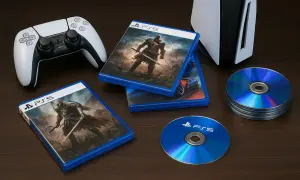 Biały kontroler DualSense, kilka pudełek z grami na PS5 z rycerzem i samochodem, stos płyt i konsola PS5.