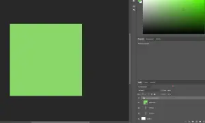 Schermata di Photoshop: un rettangolo verde su sfondo scuro, con pannelli per unire livelli e modificare proprietà.