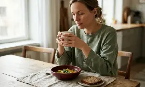 Vrouw met kopje thee, geen eetlust verliefd op de soep en het brood.