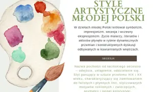 Paleta malarska z akwarelami i pędzlem, ilustrująca sztukę przełomu XIX i XX wieku, w tym secesję.
