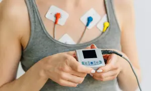Kobieta z elektrodami na klatce piersiowej i małym urządzeniem do monitorowania EKG. Przygotowanie do badania EKG.