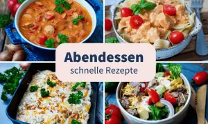 Was koche ich heute? Schnelle Rezepte für ein leckeres Abendessen: Gulasch, Pasta mit Hähnchen, Auflauf und Salat.