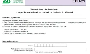 Wniosek o niepobieranie zaliczek na podatek od dochodu do 30 000 zł. Dotyczy emerytury/renty, nie przelewu od znajomego.