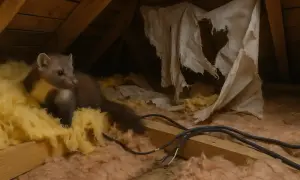 Mała, brązowa kuna z jasną plamą na szyi odpoczywa w izolacji na poddaszu. To jej sposób na spędzenie dnia.