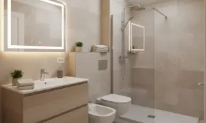 Bagno moderno con lavabo in legno, specchio luminoso e doccia a filo pavimento. Soluzioni bagni piccoli bellissimi per ogni spazio.