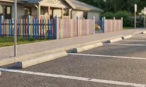 Puste miejsca parkingowe z wyznaczonymi liniami i odbojnikami. W tle kolorowy płotek i budynek. Wymiary miejsca parkingowego są standardowe.