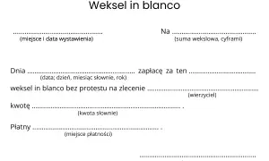 Weksel in blanco - dokument do wypełnienia, zawierający pola na sumę, datę, miejsce wystawienia i płatności, a także podpis wystawcy.