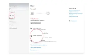 Karta sieciowa Ethernet nie ma poprawnej konfiguracji protokołu IP. Widok ustawień sieciowych Windows, sekcja "Stan".