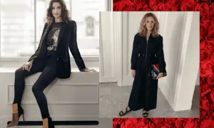 Eleganckie stylizacje dla kobiet po 45 roku życia: czarny garnitur i sukienka maxi. Inspiracje modowe.