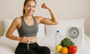 Donna sorridente misura la vita, mostra il bicipite. Vicino, frutta, verdura, acqua e bilancia: simboli di un **deficit calorico giornaliero** raggiunto con successo.