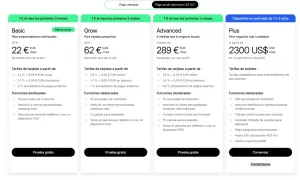 Comparativa de planes de pago para tienda online: Basic, Grow, Advanced y Plus, con sus características y el precio.