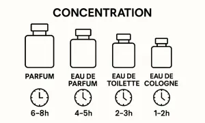 Ilustracja pokazuje stężenia perfum: Parfum (6-8h), Eau de Parfum (4-5h), Eau de Toilette (2-3h), Eau de Cologne (1-2h). Wybierz swój zapach, by poczuć się one million lucky!