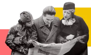 Trois personnes lisent un journal. L'une d'elles cherche un nom de famille gratuit sur Retronews.