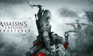 Connor z Assassin's Creed III walczy z żołnierzami podczas burzy. W tle widać amerykańską flagę.