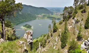 Blick vom Berg auf den Schliersee mit Insel. Der Schliersee Rundweg bietet solche Aussichten.