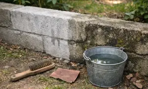 Jak odnowić stary murek betonowy? Metalowa szczotka, papier ścierny i wiadro z wodą czekają, by przywrócić mu dawny blask.
