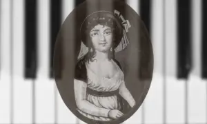 Portret kobiety na tle klawiatury fortepianu. Idealne dla dzieci, by nauczyć się grać "Dla Elizy" nuty.