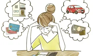 En kvinna med händerna på huvudet tänker på hus, bil, kreditkort och pengar. Hon upplever ekonomisk stress.