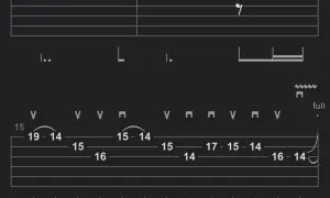 Fragment tabulatury gitarowej z nutami i oznaczeniami, w tym "fade to black tab".
