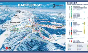 Mapa tras narciarskich w Bachledovej dolinie. Widok z lotu ptaka na stoki, wyciągi i infrastrukturę.
