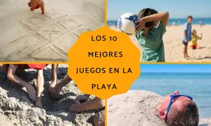 Jóvenes disfrutan de juegos en la playa: tres en raya en la arena, fútbol, cavando hoyos y enterrados.