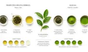 Porównanie tradycyjnej zielonej herbaty i matchy. Matcha, dzięki mieleniu całych liści, ma bogatsze matcha właściwości odżywcze i antyoksydacyjne.