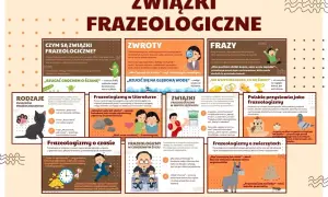 Ilustracja przedstawia kolaż z przykładami związków frazeologicznych, zwrotów i przysłów.