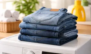 Stos czystych jeansów na pralce. Zastanawiasz się, w jakiej temperaturze prać jeansy, by zachowały kolor i kształt?