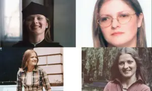 Krystyna Pawłowicz młoda w togach akademickich i w okularach. Uśmiechnięta, z burzą włosów, w różnych stylizacjach.